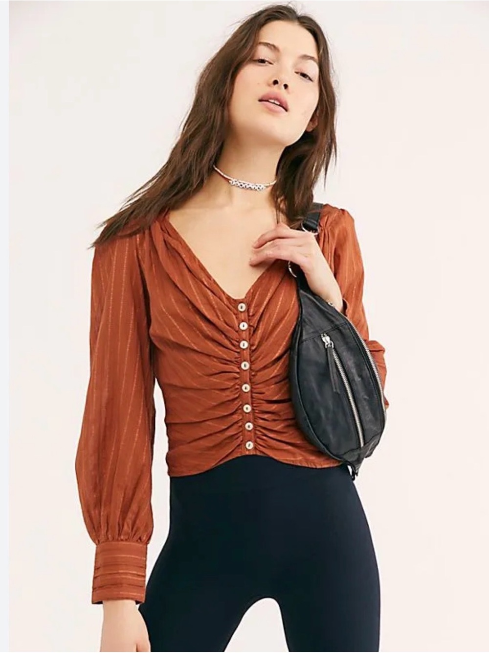 Free People If You Had My Love Ruched Button Front Blouse Rust XS